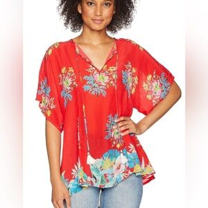 Johnny Was Peonies Georgette Tie-Neck Tunic Top Size L